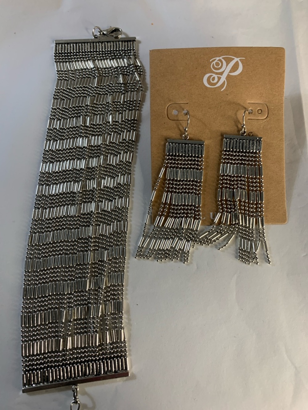 Plunder Silver Beaded Fringe Bracelet and Earrings Set